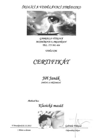 Certifikát - kurz klasické masáže