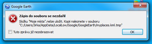 Google Earth Error - myplaces.kml file could not be written down, writing to myplaces.kml.tmp instead.